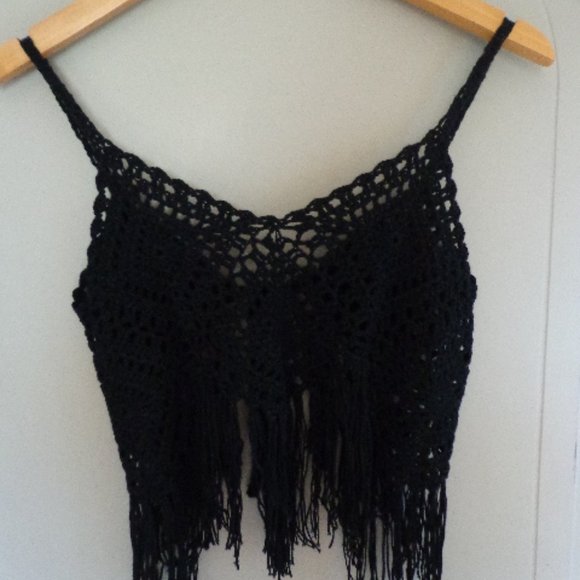 Unknown Tops - Crocheted Boho Cami Vest Top XS-S Tie Front Fringe